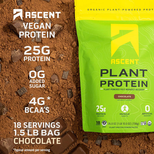 Ascent Plant Based Protein Powder - Non Dairy Vegan Protein, Zero Artificial Ingredients, Soy & Gluten Free, No Added Sugar, 4G Bcaa, 2G Leucine - Chocolate, 18 Servings