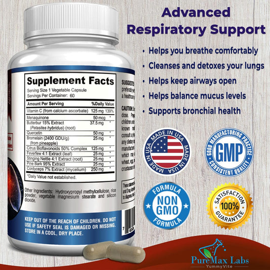 Lung Support Supplement, Lung Cleanse & Lung Detox Formula, Lung Health Support For Clear Lungs, Comfortable Breathing, Bronchial Health, 60 Capsules