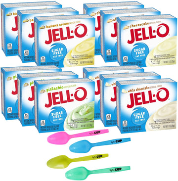 Jell-O Sugar Free Instant Pudding & Pie Filling Mix, 3 Of Each: Cheesecake, Pistachio, White Chocolate, Banana Cream With By The Cup Mood Spoons