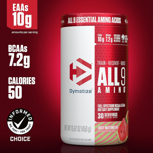 Dymatize All9 Amino, 7.2G Of Bcaas, 10G Of Full Spectrum Essential Amino Acids Per Serving For Recovery And Optimal Muscle Protein Synthesis, Juicy Watermelon, 30 Servings, 15.87 Ounce