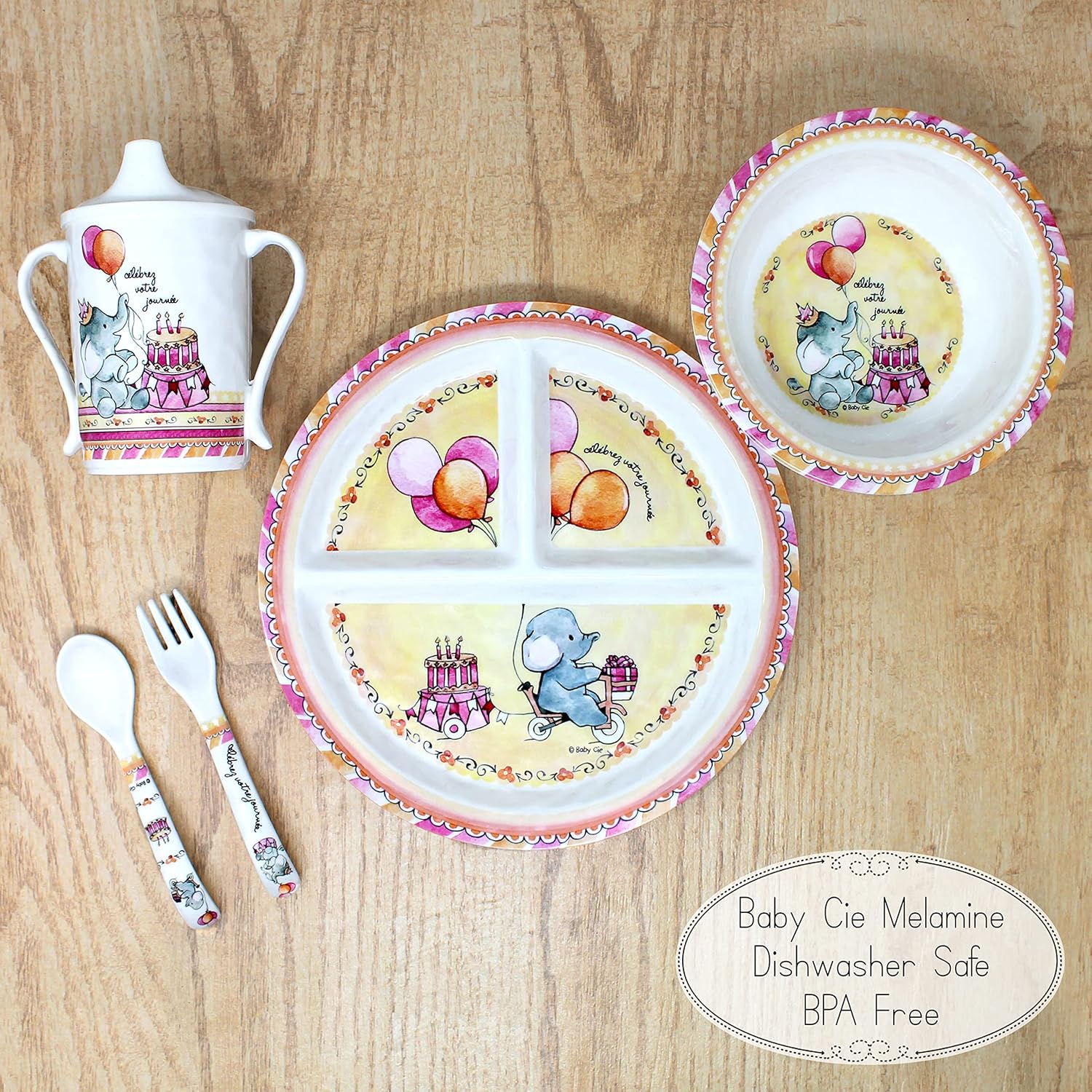 Baby Cie Kids And Baby Melamine Place Setting Sippy Cup, Suctions Bowl, Section Plate And Fork Spoon Set (Celebrate Your Day) : Baby