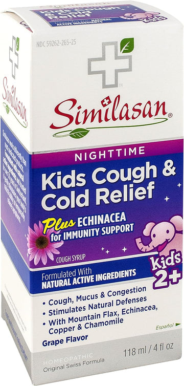Similasan Kids Nighttime Cough & Cold Relief Plus Echinacea For Immunity Support 4 Ounce, For Cough And Cold Relief In Children Ages 2 And Up, Formulated With Natural Active Ingredients