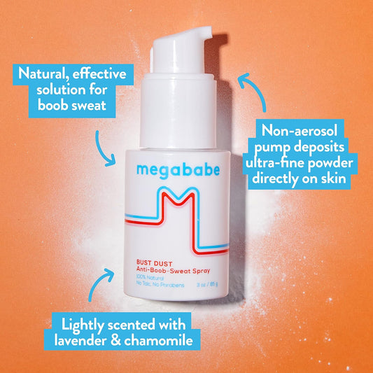 Megababe Sweat Absorbing Body Powder - Bust Dust | With Applicator Pump | Talc-Free, All Natural | 3 Oz