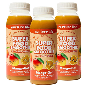 Nurture Life Superfood Smoothies, Healthy Toddler Snacks To-Go W/Hidden Fruits & Veggies, Fruit Smoothies For Kids, Drink For Children, Organic Ingredients, No Sugar Added, 3 Bottles, Mango-Go Flavor