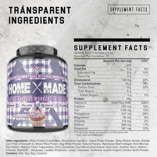 Axe & Sledge Supplements Home Made Whole-Foods-Based Meal Replacement Powder With Digestive Enzymes, Protein, Carbohydrates, And Fats, 25 Servings, Blueberry Muffin