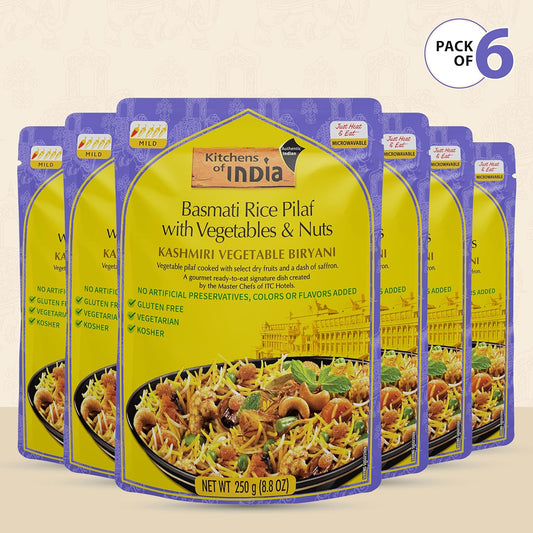 Kitchens Of India Kashmiri Vegetable Biryani, Basmati Rice Pilaf With Vegetables & Nuts, 8.8 Ounces (Pack Of 6), Gourmet Ready To Eat Authentic Indian Dish