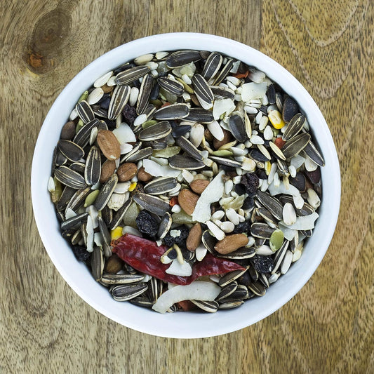 Parrot Food 1.8Kg - Seed And Nut Mix Feed Seedzbox - Natural Healthy Pet Treats And Snacks - Banana Pumpkin Seeds Peanuts Whole Oats - Fats And Fibre