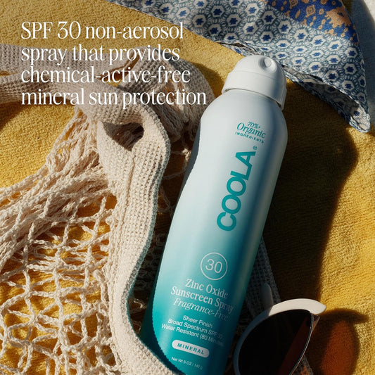 Coola Organic Mineral Sunscreen Spf 30 Sunblock Spray, Dermatologist Tested Skin Care For Daily Protection, Vegan And Gluten Free, Fragrance Free, 5 Fl Oz