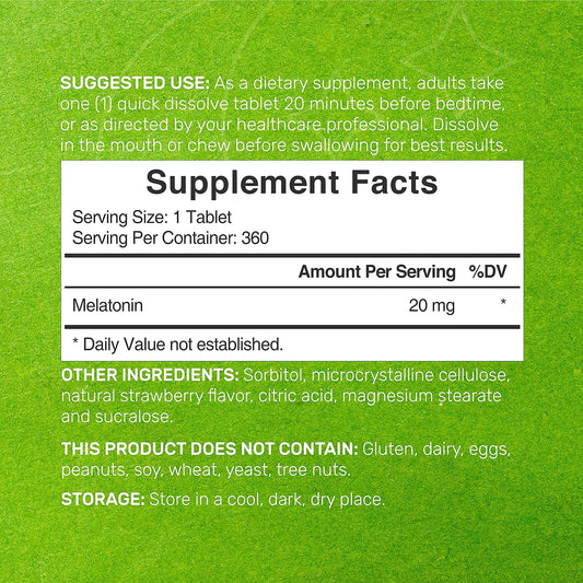 Melatonin 20Mg Tablets, 360 Pill - Strawberry Flavored - Easy Consumption & Absorption | Keto, Vegan Friendly, Bulk Supply (360 Servings)