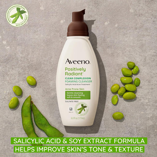 Aveeno Clear Complexion Foaming Oil-Free Facial Cleanser With Salicylic Acid Acne Medication For Breakout-Prone Skin & Soy Extracts, Hypoallergenic & Non-Comedogenic, 6 Fl. Oz, Pack Of 3