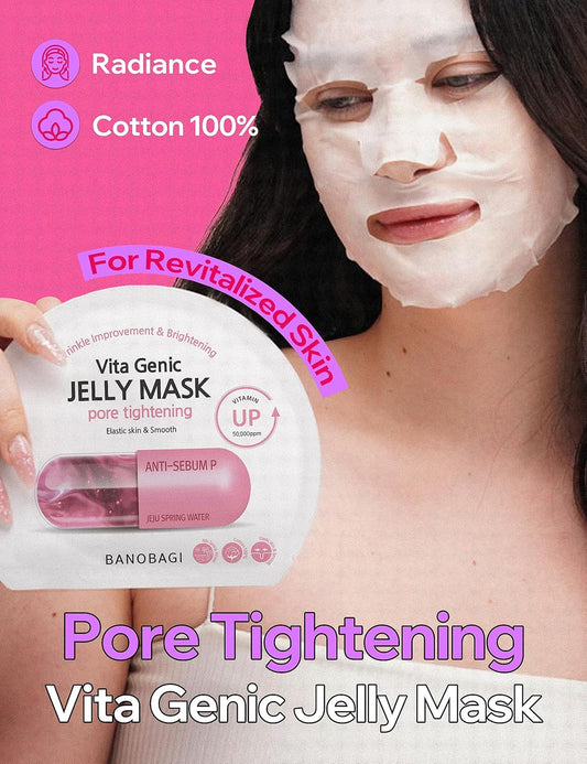Vita Genic Jelly Pore Tightening Face Masks Beauty W/Essence & 11 Vitamin Complex | Korean Face Mask Skin Care Sheet | Moisturizing Face Mask Facial Care For Oily Skin (1.8 Fl Oz, 10 Sheets)