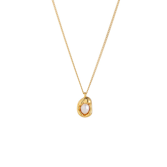 18K Real Gold French Light Luxury Pearl Pendant Necklace – Simple & Versatile for Women