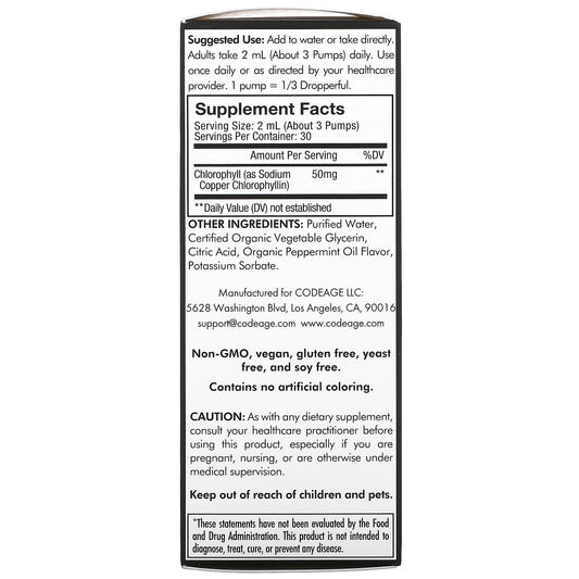 Codeage, Vegan Chlorophyll+ Liquid Drops, Peppermint, 50 Mg (60 Ml)