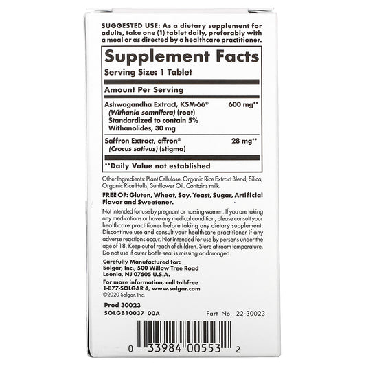 Solgar, Stress & Anxiety Relief, Ashwagandha And Saffron Tablets