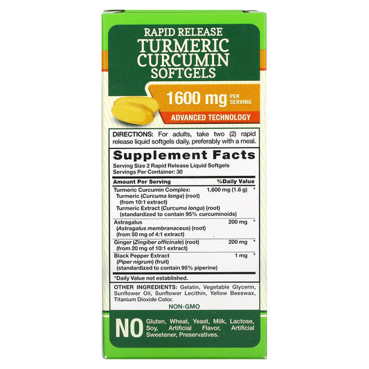 Nature'S Truth, Turmeric Curcumin Plus Ginger, Astragalus And Black Pepper Extract, 800 Mg Rapid Release Liquid Softgels