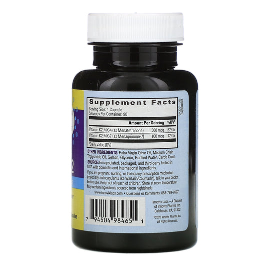 Innovixlabs Full Spectrum Vitamin K2-90 Capsules With 600 Mcg Of Trans Form Mk7 And Mk4 - Supports General Health And Bone Strength - Soy And Gluten Free K2 Vitamin Supplement