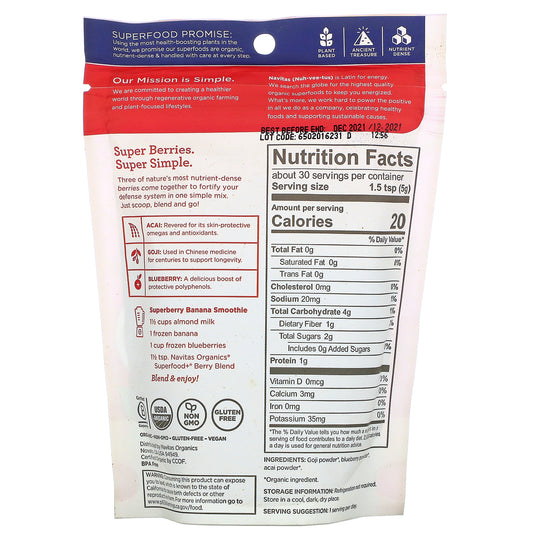 Navitas Organics, Organic Superfood+ Berry Blend, Acai + Goji + Blueberry (150 G)