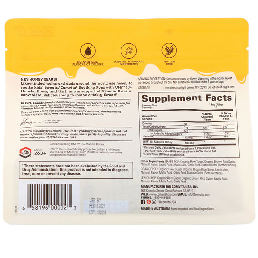 Comvita, Kids, Soothing Pops, Umf 10+ Manuka Honey, 3 Flavor Variety Pack, 15 Pops, 4 Oz (112 G)