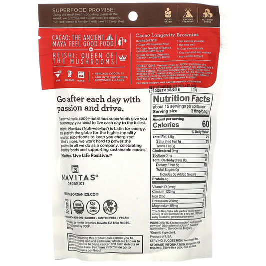 Navitas Organics, Longevity Blend, Organic Cacao + Reishi