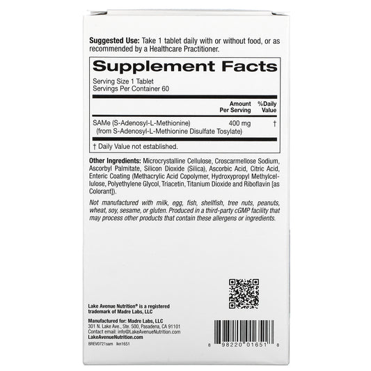 Lake Avenue Nutrition, Same (S-Adenosyl-L-Methionine Disulfate Tosylate), 400 Mg