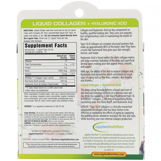 Applied Nutrition Liquid Collagen + Hyaluronic Acid (10 Count Of 0.36 Fl Oz Tubes), 3.35 Fl Oz