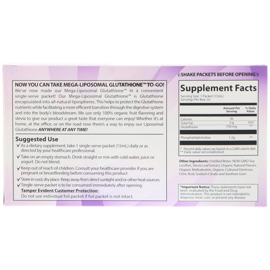 Aurora Nutrascience, Mega-Liposomal Glutathione, 750 Mg, 32 Single-Serve Liquid Packets, 0.5 Fl Oz (15 Ml) Each