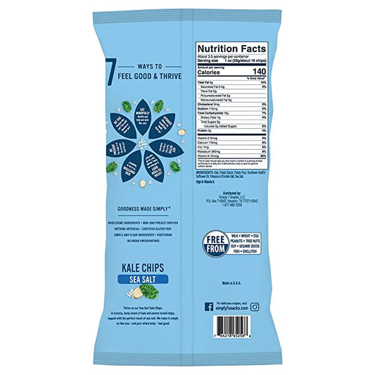 Simply 7 Kale Chips - Gluten Free Snacks - Vegan Snacks - Non-Gmo, Vegetarian, Vegan, High Vitamin K, Low Fat, Sugar Free, Plant-Based, Cholesterol Free, Kosher - Sea Salt, 12Pk