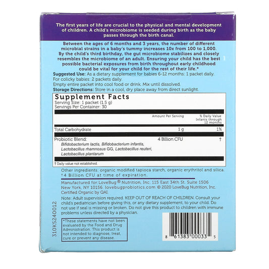 Lovebug Probiotics, Baby Probiotics, 6-12 Months, 4 Billion Cfu,Single Serve Stick Packs