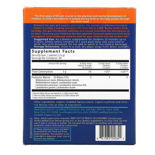 Lovebug Probiotics, Toddler Probiotics, 12 Months Up To 4 Years, 15 Billion Cfu,Single Serve Stick Packs