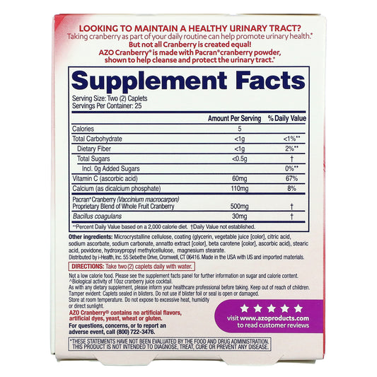 AZO Cranberry Urinary Tract Health Supplement, 1 Serving = 1 Glass of Cranberry Juice, Sugar Free Cranberry Pills, 50 Count