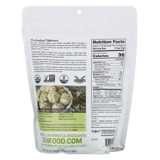 Sunfood, Superfoods, Raw Organic Whole Flaxseed