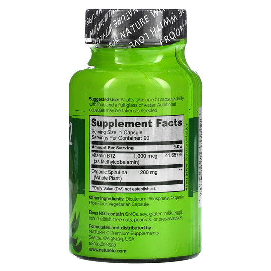 Naturelo, Vegan B12 Infused With Spirulina, Easy Swallow Capsules