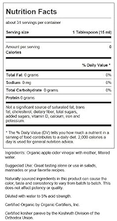 Swanson Certified Organic Apple Cider Vinegar With Mother 16 Fl Ounce 1.17 Pounds