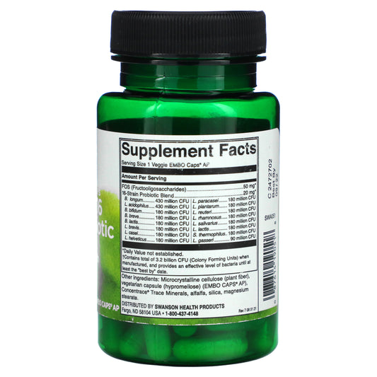 Swanson, Ultimate 16 Strain Probiotic With Fos, 3.2 Billion Cfu Veggie Embo Caps Ap