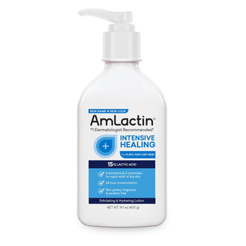 AmLactin Rapid Relief Restoring Body Lotion for Dry Skin β 14.1  Pump Bottle β 2-in-1 Exfoliator & Moisturizer with Ceramides & 15% Lactic Acid for Relief from Dry Skin (Packaging May Vary)