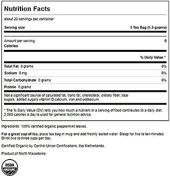 Swanson 100% Certified Organic Peppermint Tea 20 Bag(S) (3 Pack)