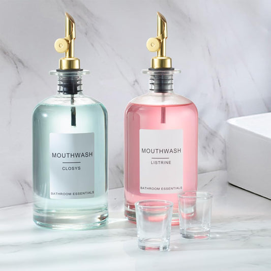 Altfun Glass Mouthwash Dispenser with Cups, 16.9 , 2 Pack - Clear Mouthwash Bottle with 304 Stainless Steel Spout & Minimalist Labels, Style Mouthwash Container for Bathroom (Golden)