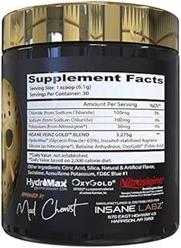 Insane Labz Insane Veinz Gold, Nitric Oxide Non Stimulant Pre Workout Powder, Loaded With Hydromax, Nitrosigine, Increas