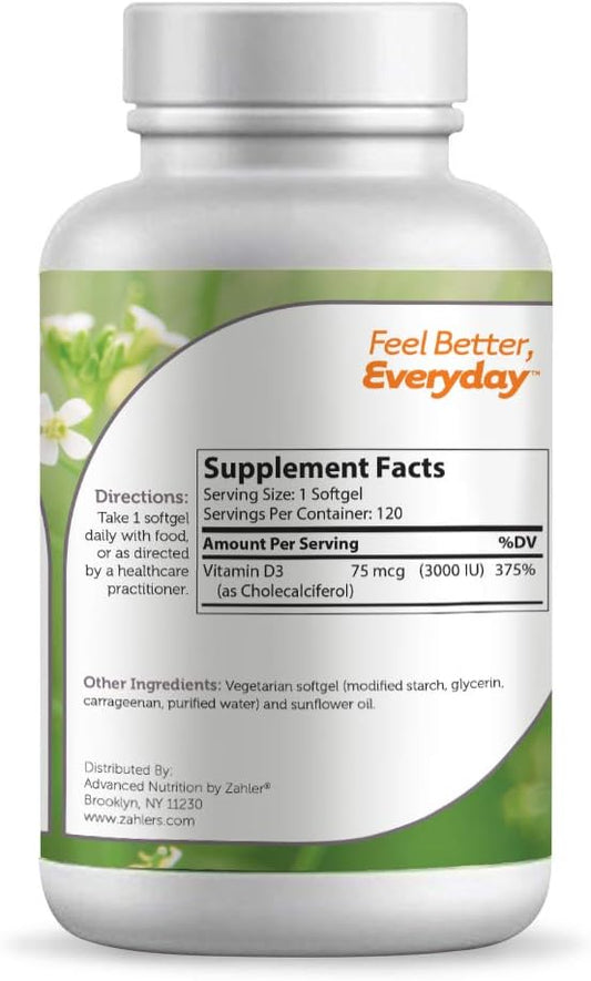 Zahler - Advanced Vitamin D3 3000 Iu Softgels (120 Count) Kosher Veget