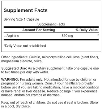 Swanson Amino Acid Super-Strength L-Arginine 850 Milligrams 90 Capsules