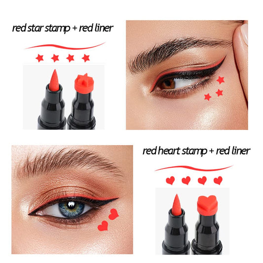 Red & Black Liquid Eyeliner and Heart Star Stamp Set?4 PCs Winged Eye Liners and Fun Shapes Stamps, Dual ended 2-in-1 Eye Makeup Pen