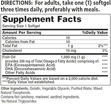 Vitamin World Omega-3 Fish Oil 1000 mg. 250 Softgels, EPA DHA, Heart H