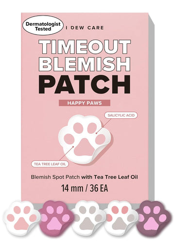 I Dew Care Hydrocolloid Acne Pimple Patch - Timeout Blemish Happy Paws | Korean Zit Dark Spot Patches For Face And Skin, 36 Count (14Mm), Pus Absorbing With Tea Tree Oil, Facial Stickers