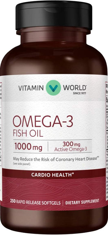 Vitamin World Omega-3 Fish Oil 1000 mg. 250 Softgels, EPA DHA