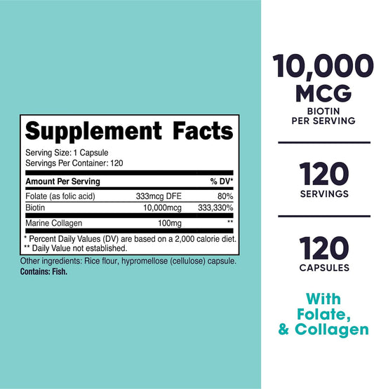 Nutricost Biotin For Women 10,000Mcg 120 Capsules - With Folate & Coll