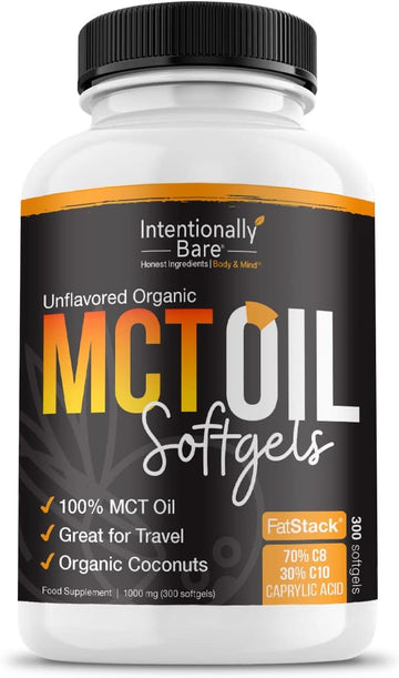 Intentionally Bare Organic Mct Oil Capsules - 70% C8 Mct Oil & 30% C10 Mct Capsules Unflavored For Keto Low Carb And Paleo Diet - Mct Oil C8 & C10 For Energy Mood & Focus - Non-Gmo 300 Softgels