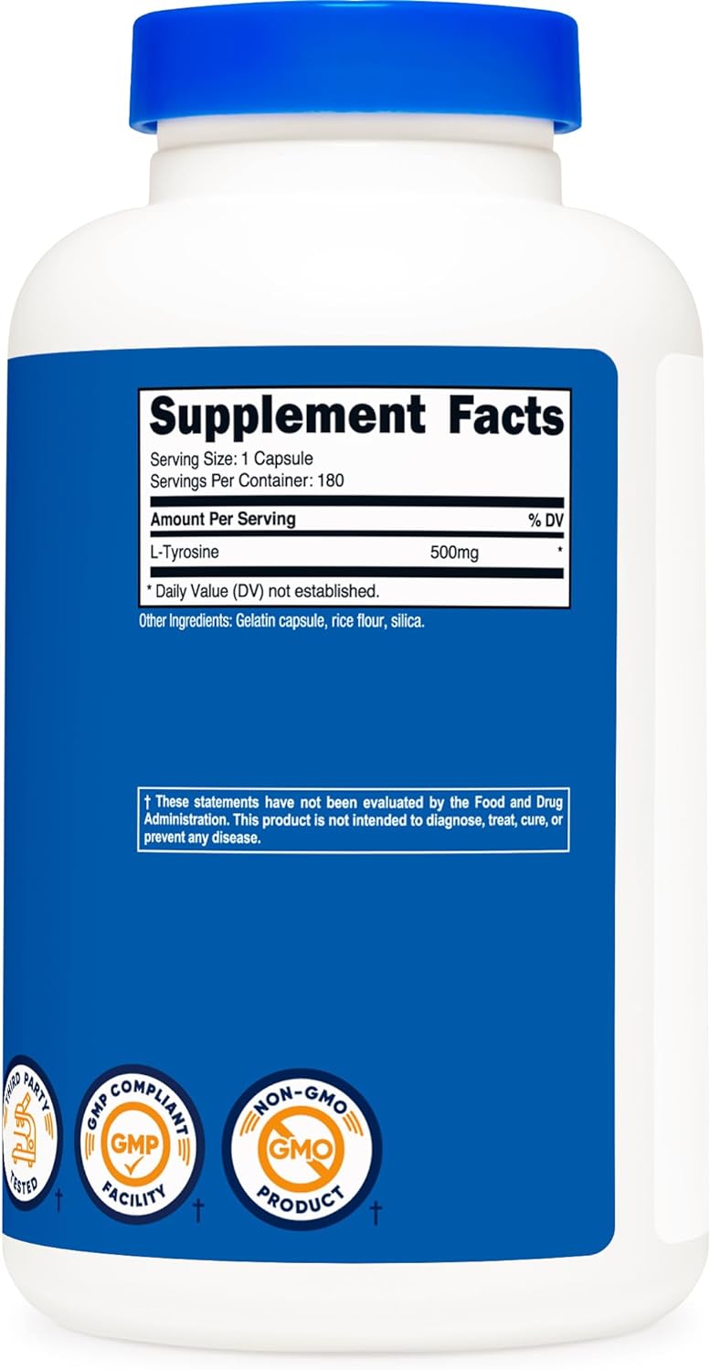 Nutricost L-Tyrosine 500mg, 180 Capsules - Gluten Free & Non-GMO180 Co