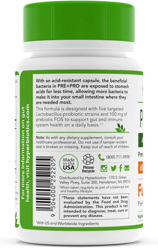 Hyperbiotics Pre Pro Vegan Probiotics + Prebiotics | 60 Bill
