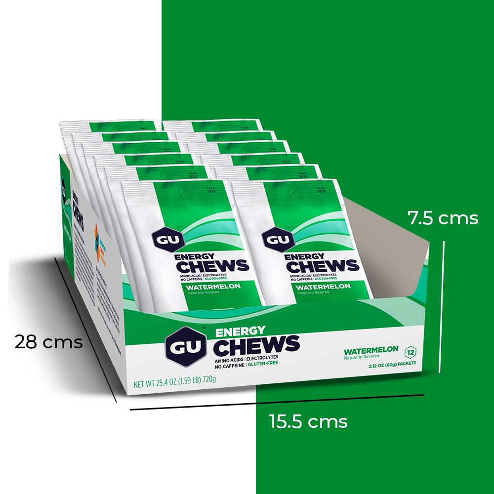GU Energy Chews, Watermelon Energy Gummies with Electrolytes, 12 Bags