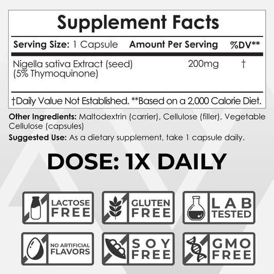 Nootropics Depot Nigella Sativa Extract Capsules | 200mg | 60 Count | Minimum 5% Thymoquinone Content | Black Seed Oil E